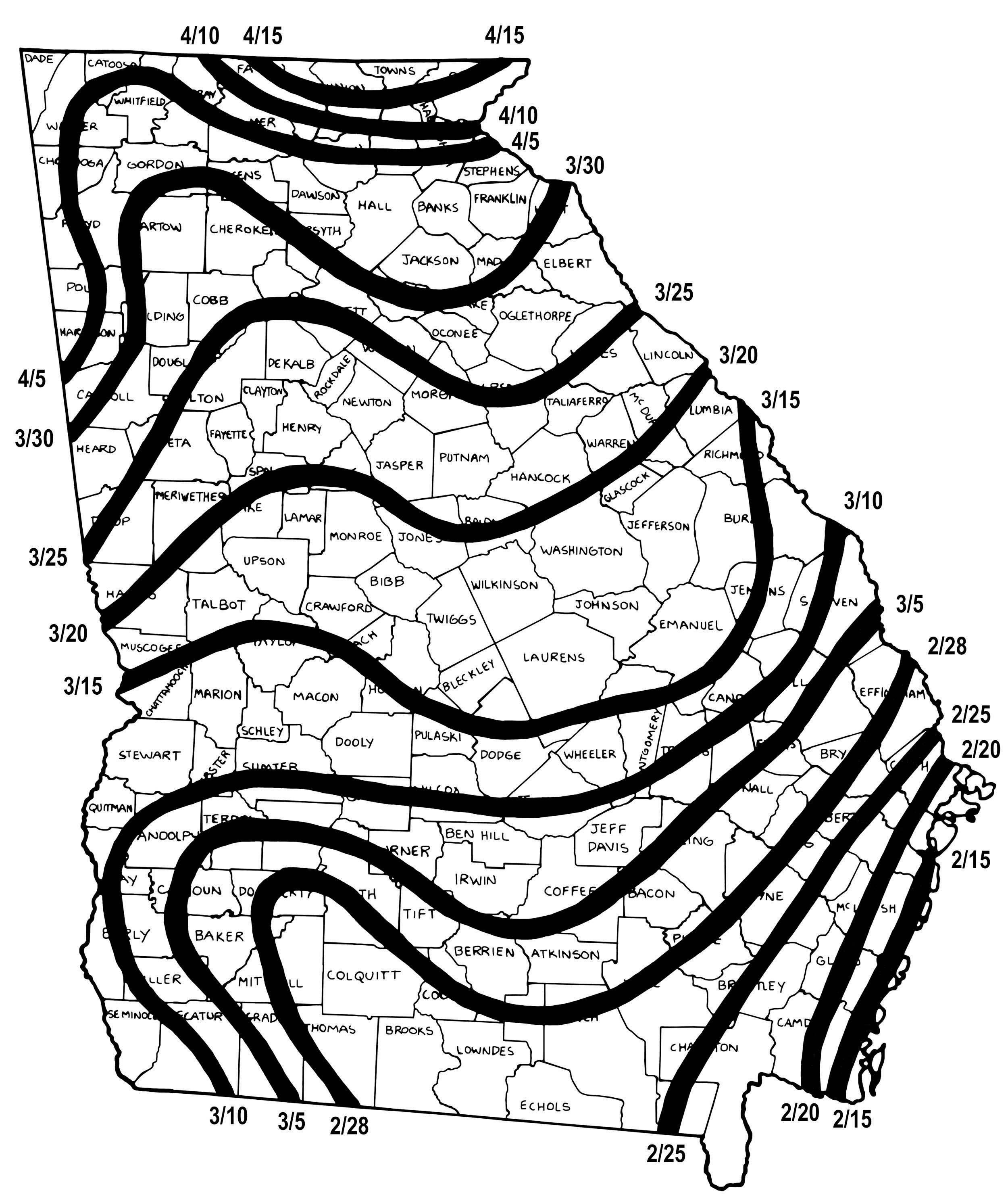 Map of Georgia showing the approximate date of the last spring frost. Dates range from 4/15 in the north of the state to 2/15 along the coast
